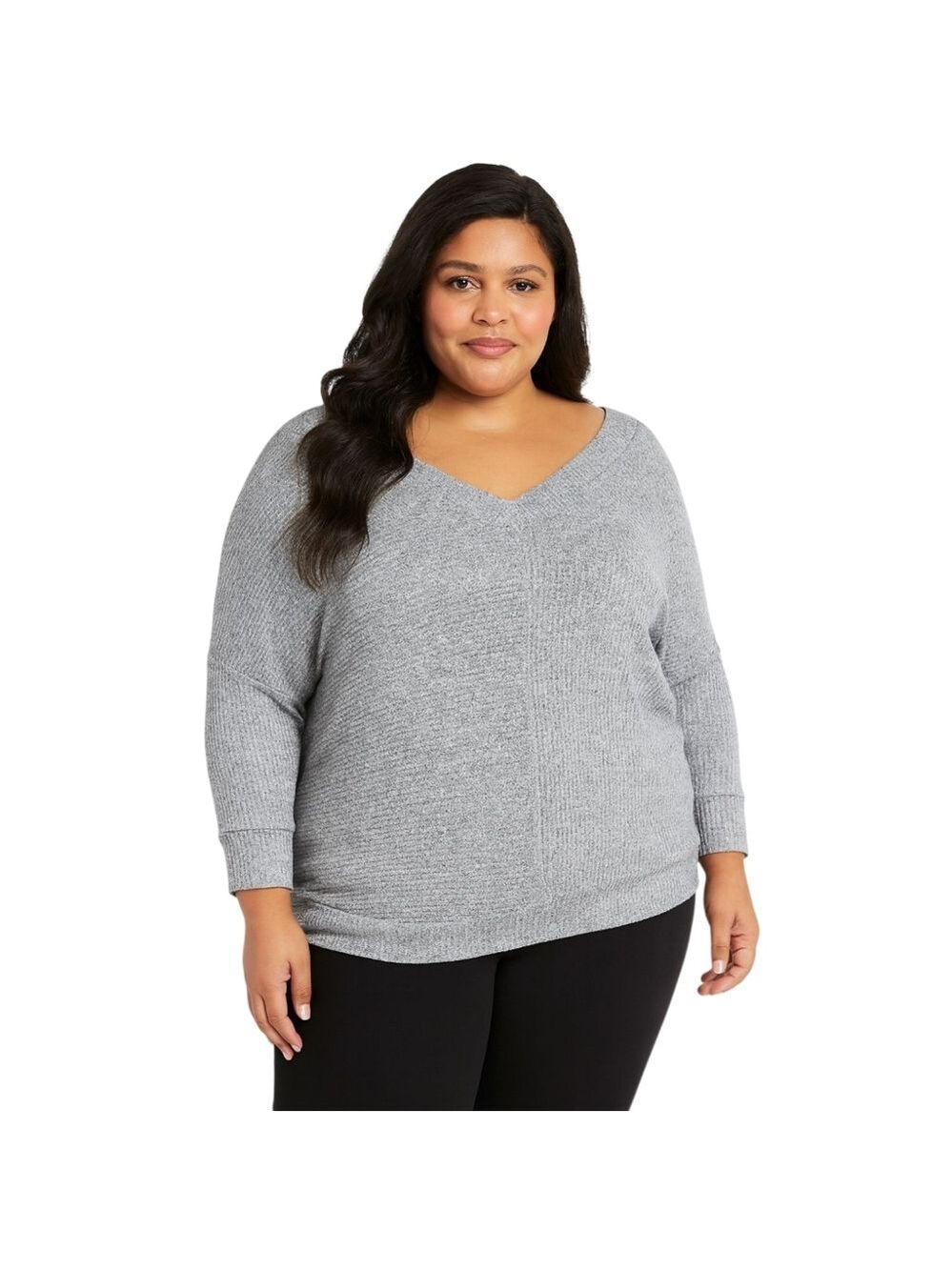 One Park Ave Gray Ribbed Knit V-Neck Top Women’s Plus 3X Soft Stretch